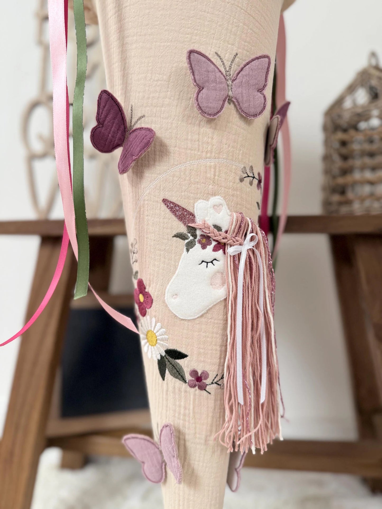Musselin Schultüte 70 cm Vintage Design, Boho | Blumenkranz Einhorn mit Schmetterlingen | Mädchen | Einschulung
