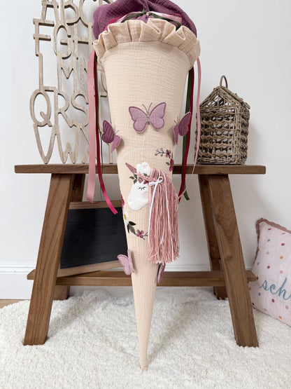 Musselin Schultüte 70 cm Vintage Design, Boho | Blumenkranz Einhorn mit Schmetterlingen | Mädchen | Einschulung