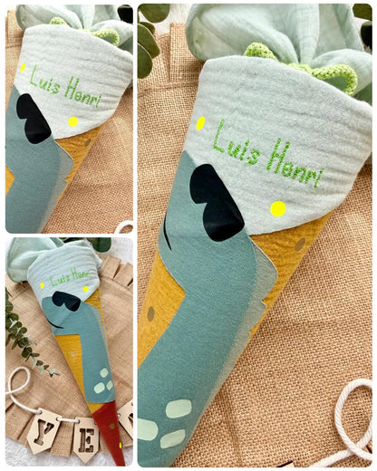Musselin Colorblock Kita- & Geschwistertüte, Kleine Schultüte 35 cm, Dino, personalisiert- optional mit Kissen