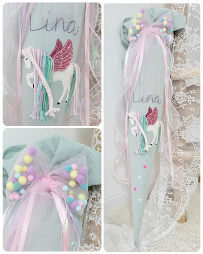 Musselin Schultüte 70 cm Kita/Geschwistertüte 35 cm | Einhorn mit Flügeln, Pegasus, optional mit Kissen Inlett