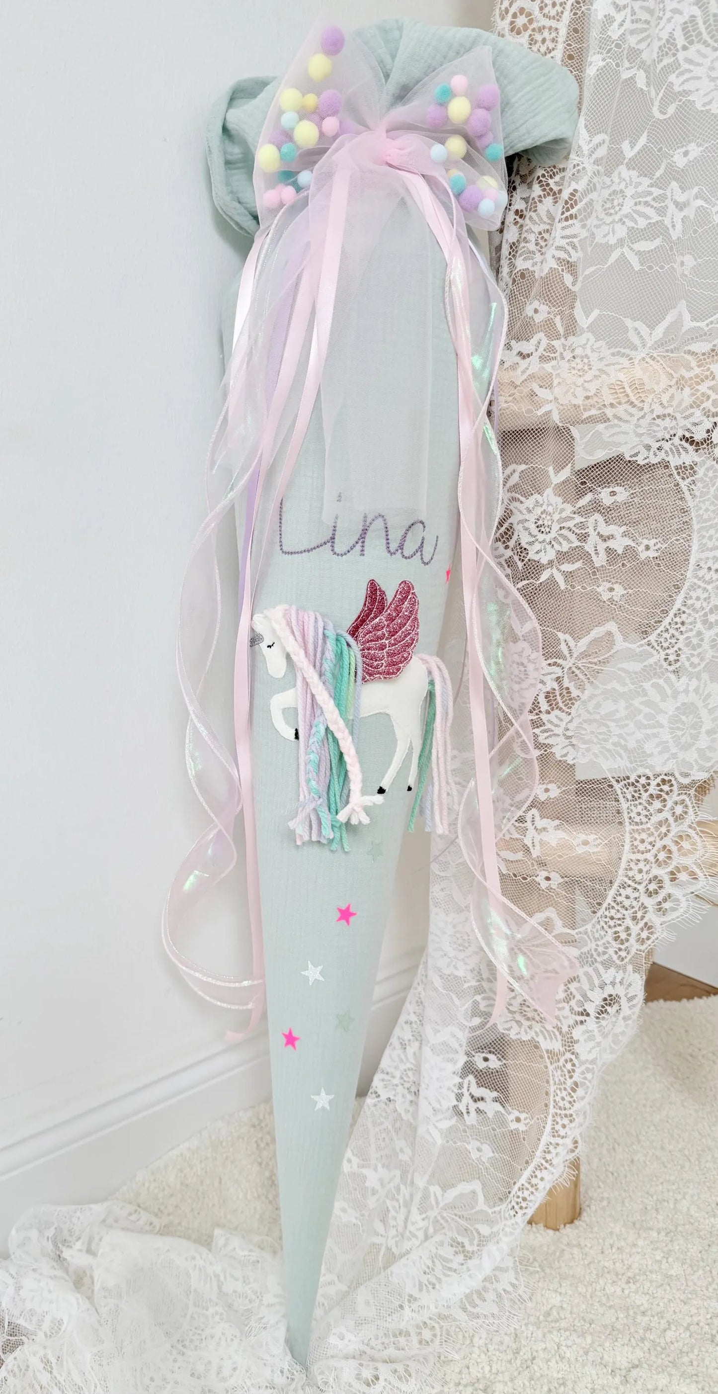 Musselin Schultüte 70 cm Kita/Geschwistertüte 35 cm | Einhorn mit Flügeln, Pegasus, optional mit Kissen Inlett