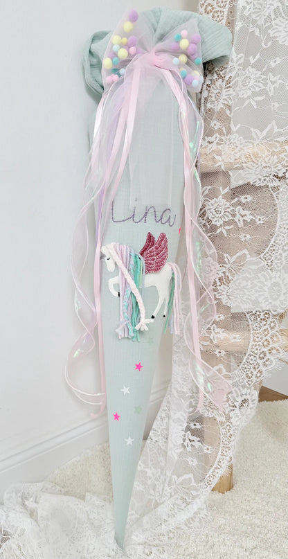 Musselin Schultüte 70 cm Kita/Geschwistertüte 35 cm | Einhorn mit Flügeln, Pegasus, optional mit Kissen Inlett