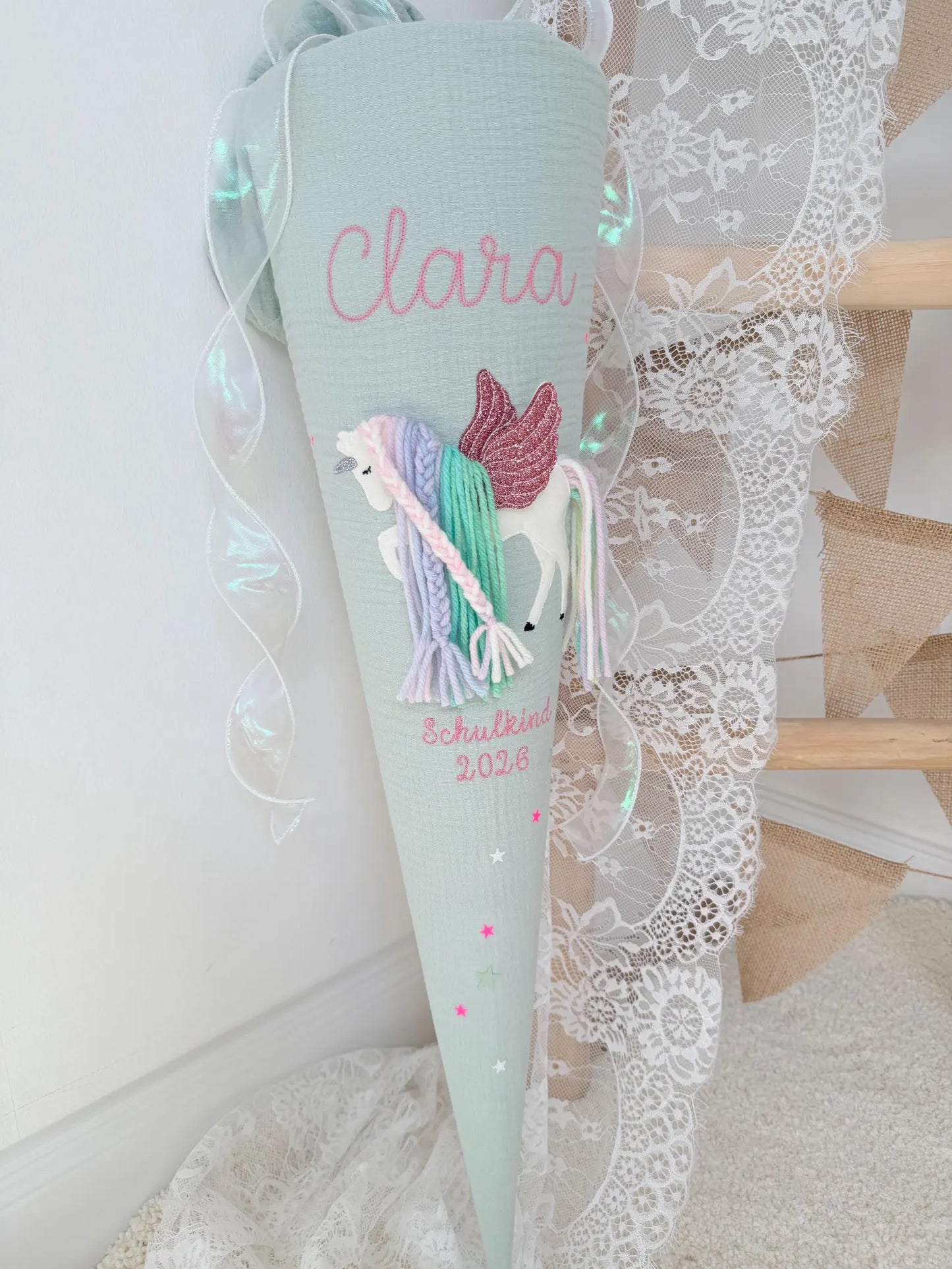 Musselin Schultüte 70 cm Kita/Geschwistertüte 35 cm | Einhorn mit Flügeln, Pegasus, optional mit Kissen Inlett