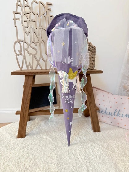 Musselin Schultüte 70 cm Lila, Gold, Einhorn mit Flügeln, Pegasus, optional mit Pompon-Tüllschleife und Kissen