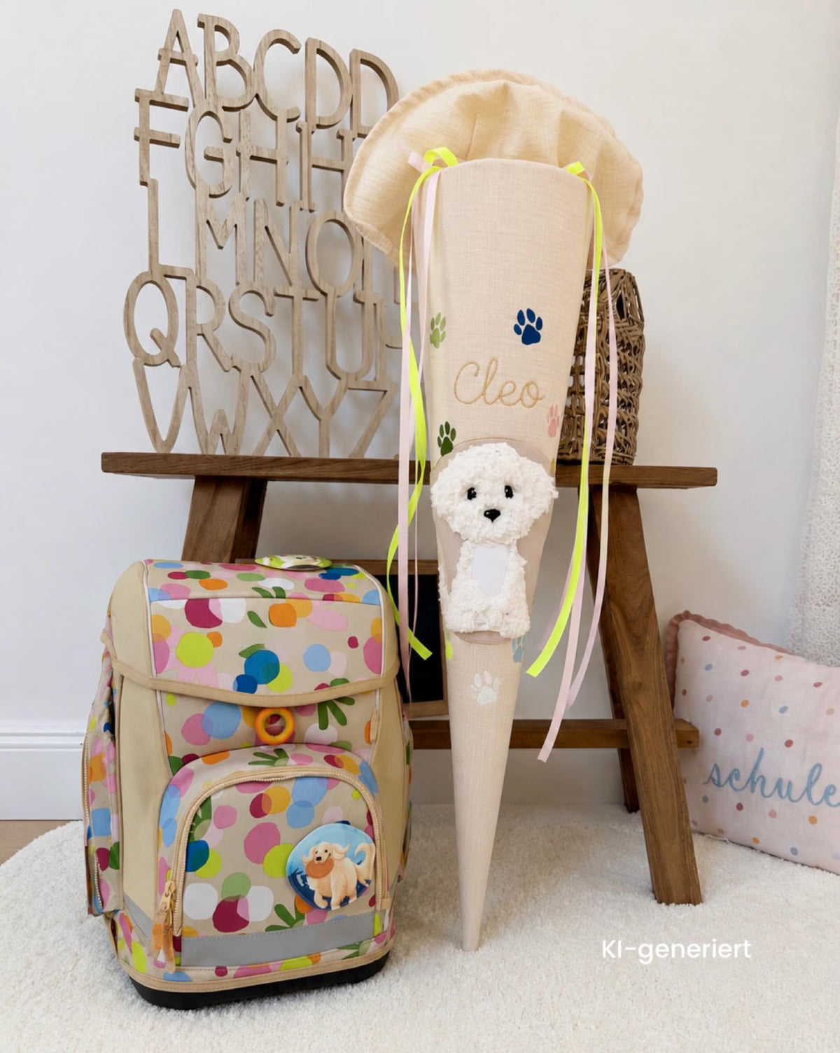 Musselin Schultüte 70 cm Creme, weißer Hund, bunte Pfoten, Welpe zur Einschulung für Mädchen, optional mit Pompon-Tüllschleife und Kisseninlett