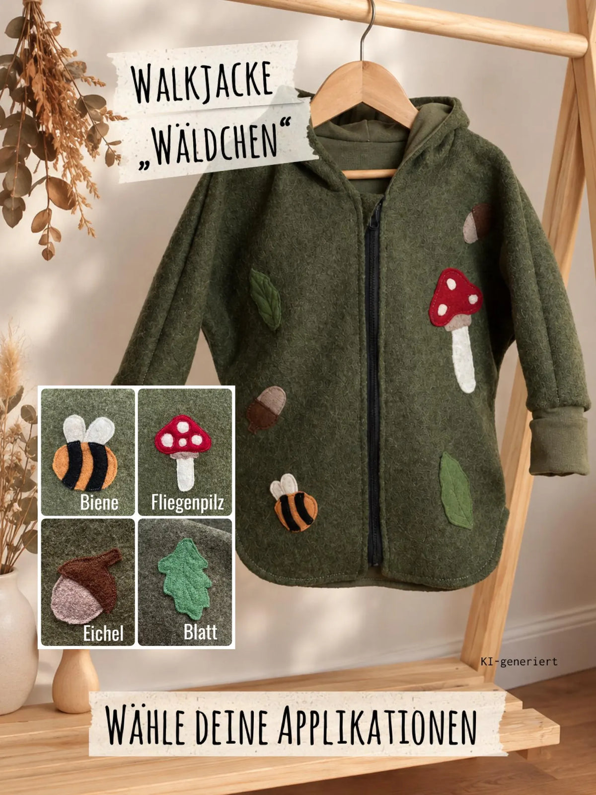 Oversized Wollwalk-Jacke Wäldchen für Kinder, Walkjacke mit individuellen Applikation