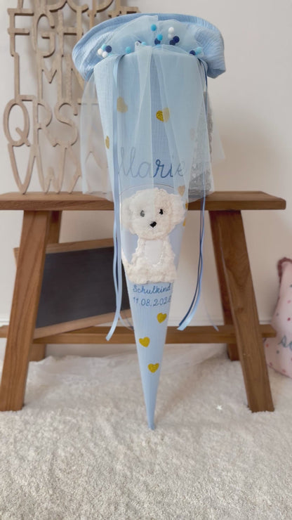 Musselin Schultüte 70 cm Blau für Mädchen mit Pompon-Tüllschleife, weißer Hund, Welpe zur Einschulung - optional mit Kisseninlett