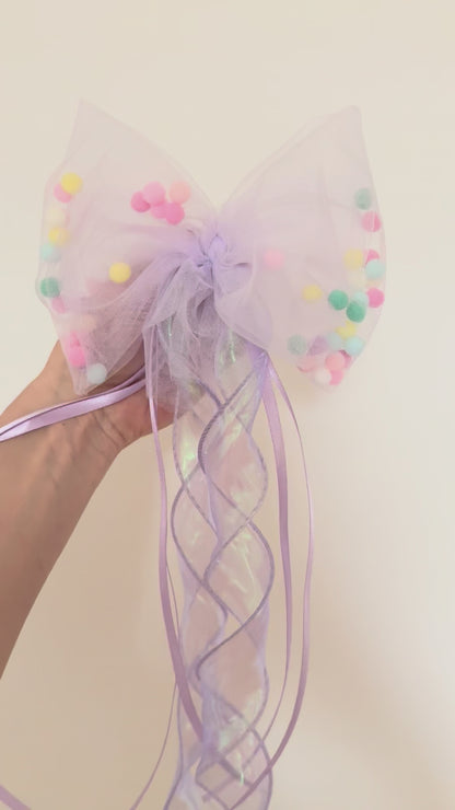 Pompon-Tüllschleife, Flieder mit Holoband, Schleife passend für Schultüten ab 70 cm, Kita- & Geschwistertüten ab 35 cm