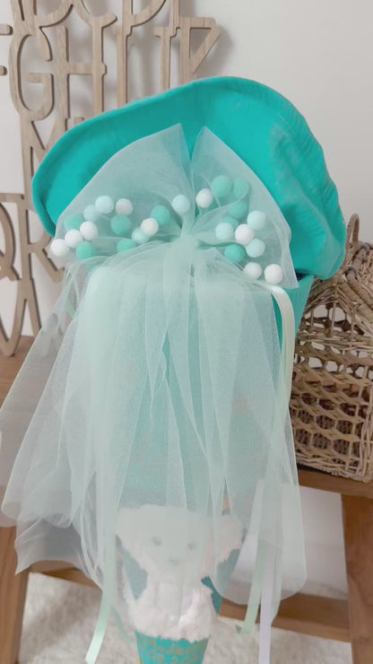 Pompon-Tüllschleife Türkis, für Schultüten ab 70 cm & 35 cm, Schleife für Schultüten Kita- und Geschwistertüten