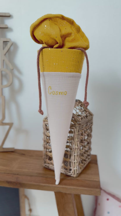 ✨ BESTSELLER ✨ Kleine Musselin Stoffschultüte 35 cm – Kita- & Geschwistertüte, individuelle Farbwahl, personalisierbar, goldene Punkte für Jungen und Mädchen