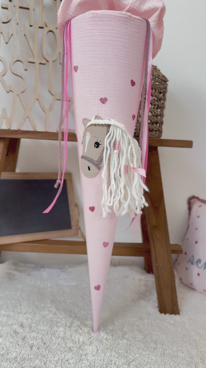 Musselin Schultüte 70 cm  Haflinger, Pferd, personalisiert inkl. Rohling- optional mit Pompon-Tüllschleife & Kissen