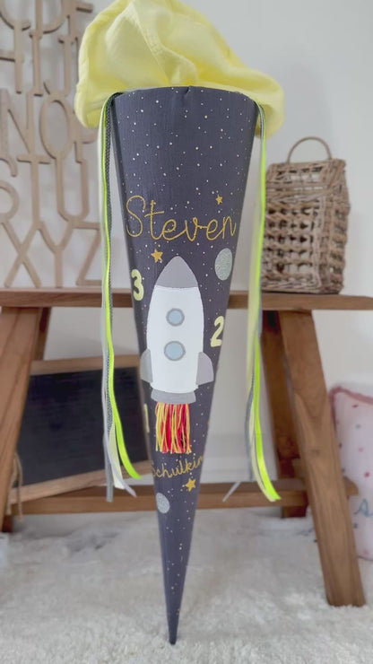 Musselin Schultüte 70 cm Raketenstart mit Countdown, Rakete, Weltraum, gold Effekte, personalisiert- optional mit Kissen