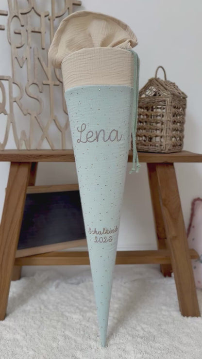 Basic Musselin Schultüte mit goldenen Punkten 70 cm , viele Farben, personalisierbar, Kisseninlett