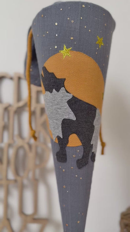 Musselin Geschwistertüte Wolf 35 cm, Sternenhimmel handgemacht – Kita Geschenk Idee, kleine Schultüte - optional mit Kissen-Inlett