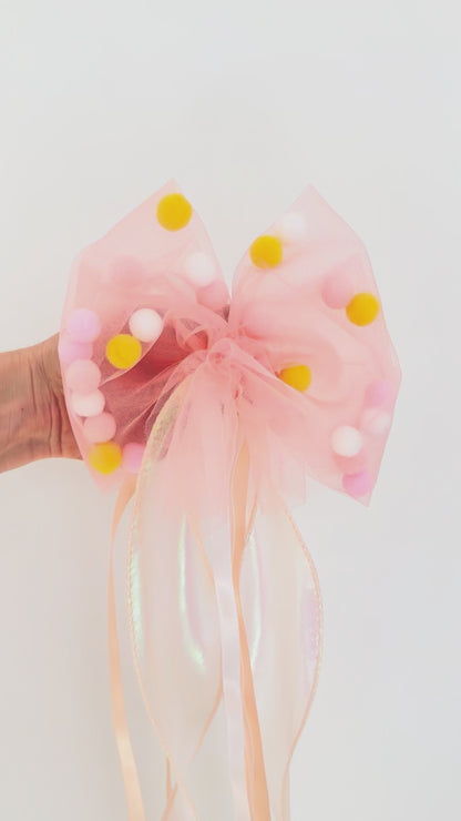 Pompon-Tüllschleife, Pfirsich Gelb Holoband, Schleife passend für Schultüten ab 70 cm, Kita- & Geschwistertüten ab 35 cm