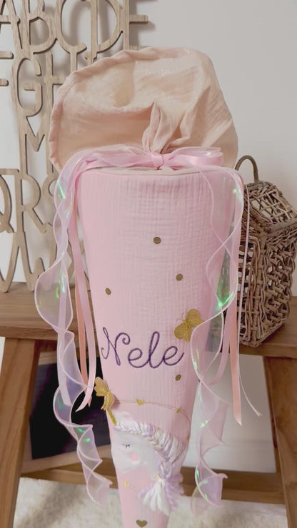 Musselin Schultüte 70cm,Babyrosa, Glitzer, Einhorn mit Schmetterlingen – optional mit Kissen
