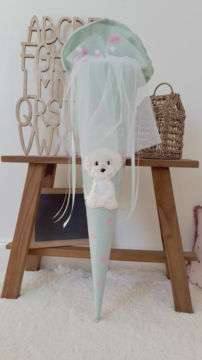 Musselin Schultüte 70 cm Mint, Rosa Herzen, Hund, Welpe zur Einschulung für Mädchen, optional mit Pompon-Tüllschleife und Kisseninlett