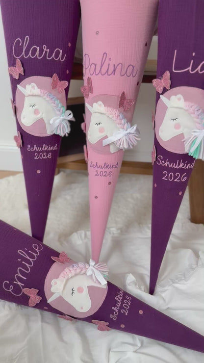 Dein Design Musselin Schultüte 70 cm, Einhorn mit glitzernden Schmetterlingen – personalisiert inkl. Rohling, optional mit Kissen