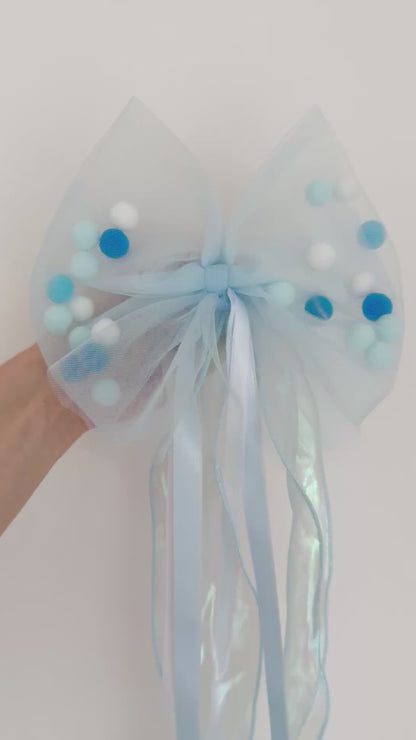Blau Tüllschleife - Pompon Schleife für Schultüte (70 cm), Kita- & Geschwistertüten (35 cm)
