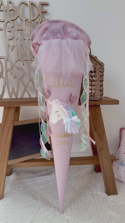 Musselin Schultüte Altrosa goldene Punkte für Mädchen 70cm, Einhorn mit Schmetterlingen – personalisiert inkl. Rohling optional mit Inlett Kissen | Schultüte aus Stoff