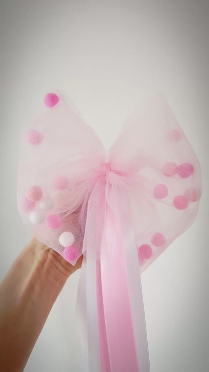 Pompon-Tüllschleife, Rosa, Schleife passend für Schultüten ab 70 cm, Kita- & Geschwistertüten ab 35 cm