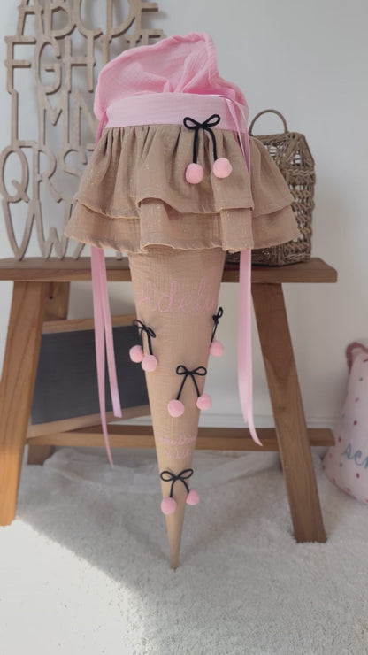 Musselin Schultüte Beige Gold für Mädchen 70 cm mit Kirschen, optional mit Kisseninlett