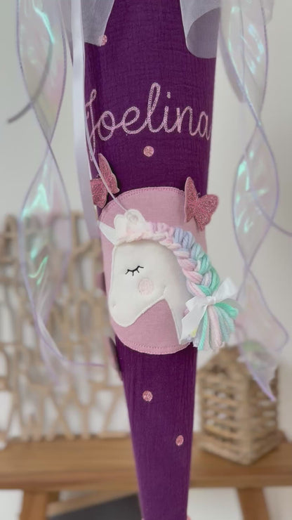 Dein Design Musselin Schultüte 70 cm, Einhorn mit glitzernden Schmetterlingen – personalisiert inkl. Rohling, optional mit Kissen